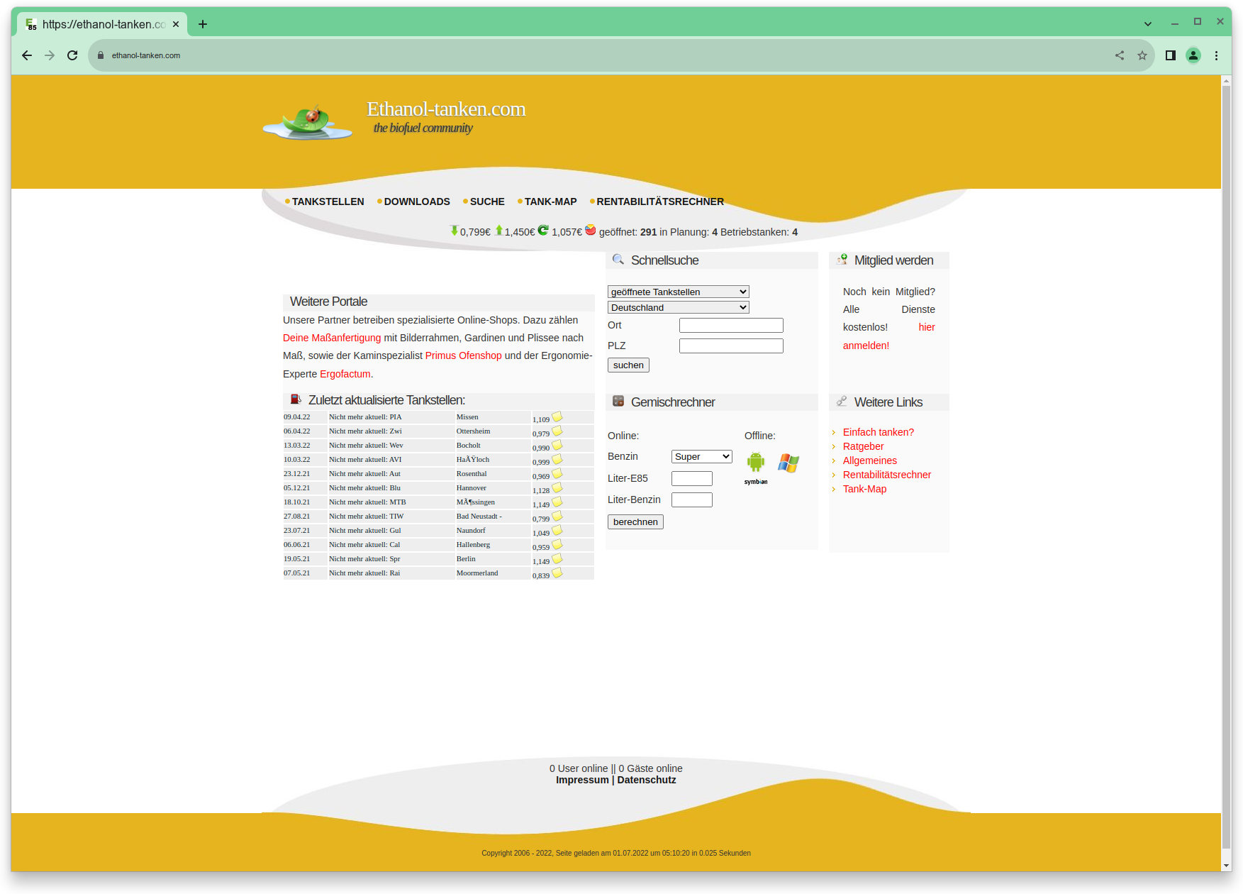 Screenshot von Ethanol Tanken.com - Seinerzeit die größe Bio-Ethanol Community für E85 Kraftstoffe