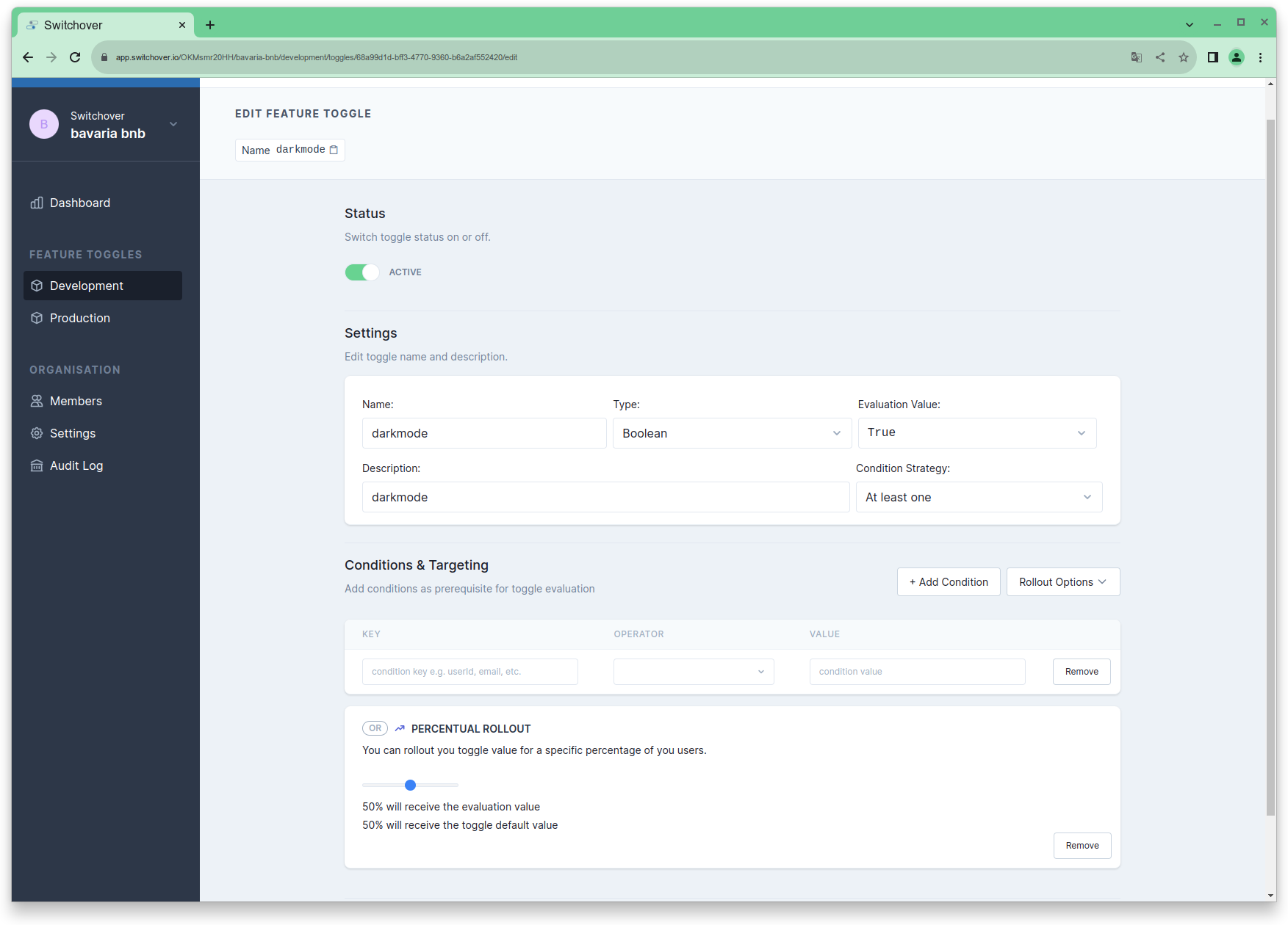 Screenshot von Switchover Feature Toggle Management - Eine Entwickler Applikation zur Verwaltung von Feature Toggles in der Software Entwicklung