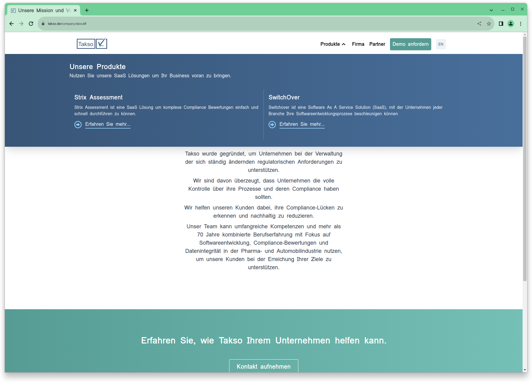 Screenshot von Takso Webseite - Webseite der Takso GmbH auf Basis von vueJS.